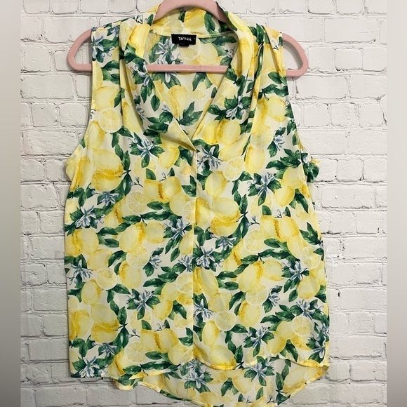 Summer Lemon Print Yellow Blue Green Sleeveless Light Top Blouse Size Large - Picture 2 of 8